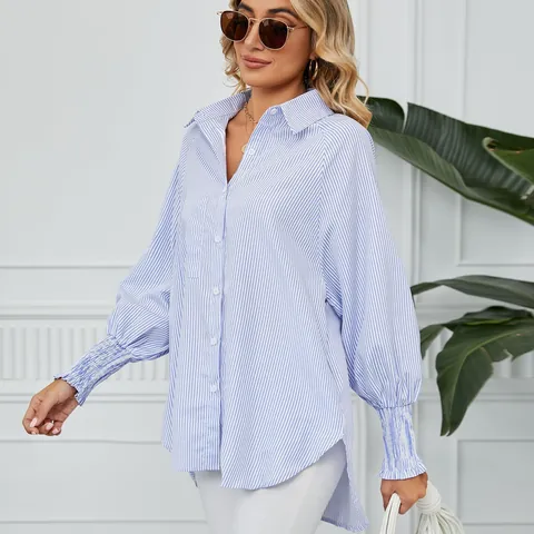 Chemisier Décontracté à Rayures pour Femmes Poignets Smockés Boutonné Manches Longues Blouse Oversize Rayures Verticales Top