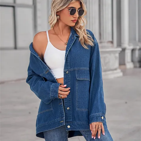 Damen Vintage Oversized Jeansjacke Retro Gewaschen Locker Mittellang Jeans Außenbekleidung Mit Taschen Lässige Streetwear Jacke