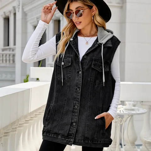 Damen Retro Denim Weste Jacke Oversize Casual Mittellang Ärmelloses Top Gewaschen Blau Grau Streetwear Mode Weste