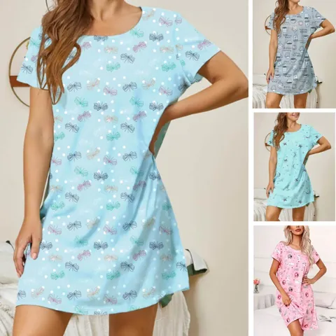 Women Round Neck Short Sleeve Printed Nightgown Polyester Casual Home Dress With Star Butterfly Animal Patterns