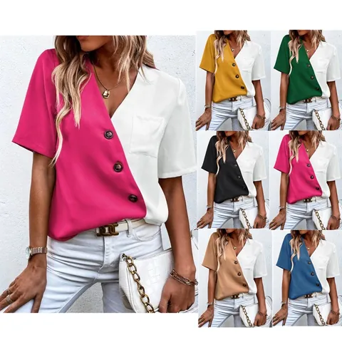 Women Summer V Neck Short Sleeve Contrast Color Block Blouse Casual Loose Button Down Patchwork Shirt Fashion Chiffon Top