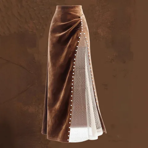 Jupe Longue Rétro Western Femme Épissage en Maille Perlée Taille Haute Ligne A en Polyester Velours Marron Streetwear