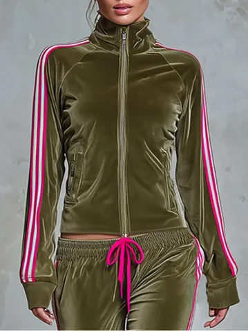 Women Olive Green Velvet Tracksuit Set High Neck Zipper Jacket Wide Leg Pants 2 Piece Set Casual Retro Stripes Sportswear