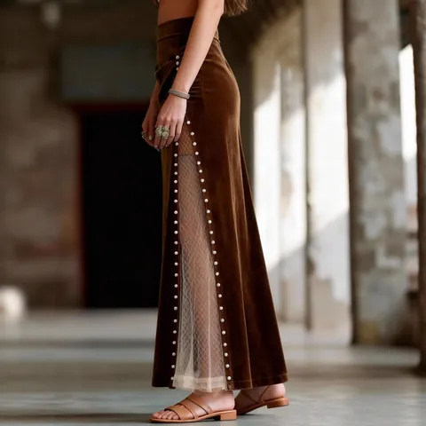 Jupe Longue Rétro Western Femme Épissage en Maille Perlée Taille Haute Ligne A en Polyester Velours Marron Streetwear