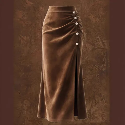 Women Retro Suede Midi Skirt High Waist Slim Bodycon Hip Skirts Decorative Pearl Buttons Side Split Temperament Pencil Skirt