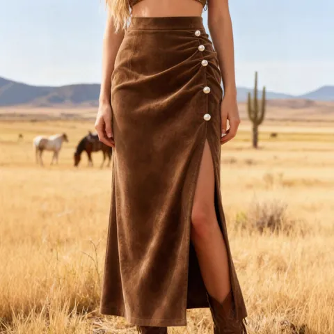 Women Retro Suede Midi Skirt High Waist Slim Bodycon Hip Skirts Decorative Pearl Buttons Side Split Temperament Pencil Skirt