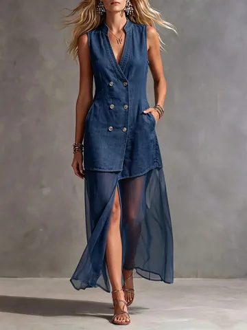 Women V-Neck Sleeveless Faux Denim Mesh Splicing Midi Dress Double Breasted Slit Tulle Elegant Vacation Patchwork Dress