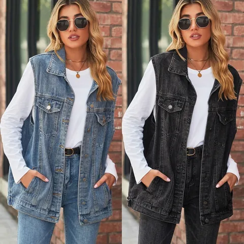 Damen Retro Denim Weste Jacke Oversize Casual Mittellang Ärmelloses Top Gewaschen Blau Grau Streetwear Mode Weste