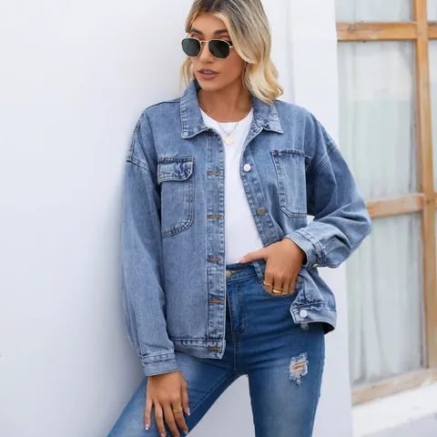 Dames Retro Spijkerjas Gewassen Oversized Lange Mouw Knoopsluiting Jas Vintage Casual Streetwear Katoen Denim Top