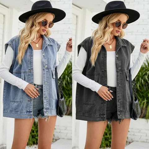 Women Washed Denim Vest Sleeveless Jacket Lapel Mid-Length Waistcoat With Pockets Oversized Streetwear Denim Top Casual Apparel