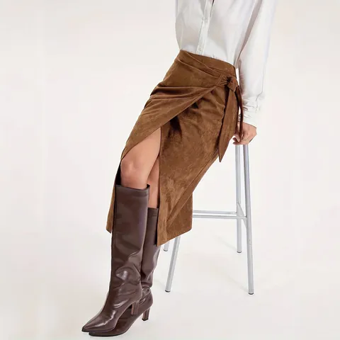 Women Elegant Faux Suede Wrap Midi Skirt With Tie Waist Solid Color Front Slit High Waist Vintage Retro Office Skirts