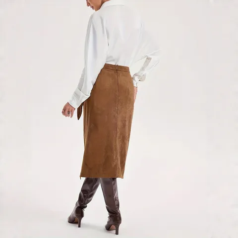 Women Elegant Faux Suede Wrap Midi Skirt With Tie Waist Solid Color Front Slit High Waist Vintage Retro Office Skirts