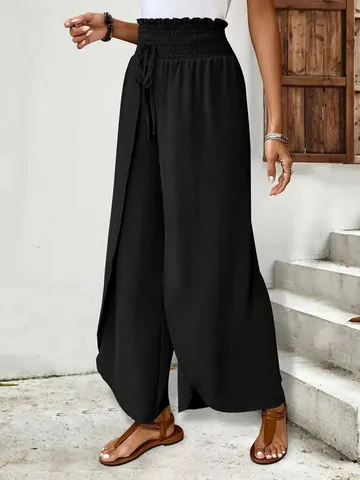 Women Elegant Split Wide Leg Pants High Waist Smocked Tie Breathable Lightweight Smocked Waist Loose Trousers Bottom