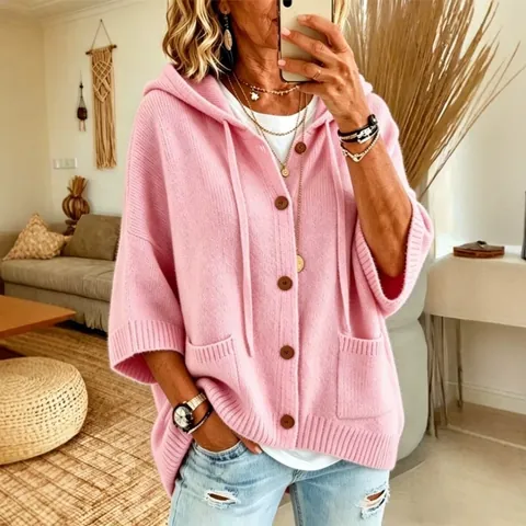 Damen Strickjacke Mit Knöpfen Und Kapuze Langarm Casual Kordelzug Strickwaren Top Mit Taschen Einfarbig Herbst Winter