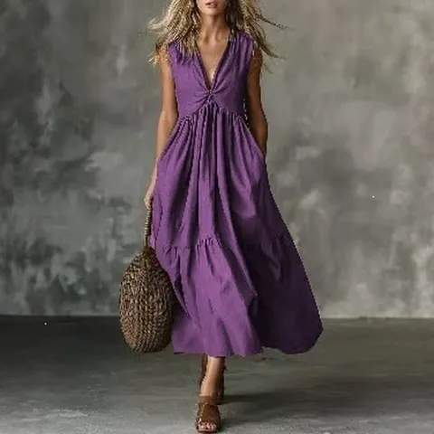 Women V-Neck Sleeveless Tiered Maxi Dress Elegant Solid Color Bohemian Polyester Cake Skirt Summer Beach Vacation Long Dress