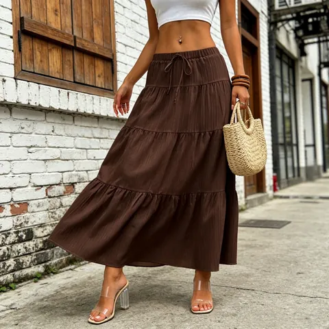 Women's Casual Tiered Maxi Skirt Drawstring High Waist Large Swing Cake Skirt Solid Color Bohemian Beach Vacation Bottom