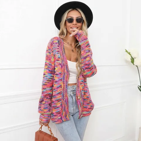 Cárdigan de Punto Tie-dye de Invierno para Mujer Elegante Suéter con Cuello en V y Botones Manga Linterna Punto de Acrílico