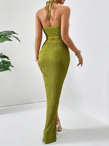 Women Elegant Halter Crop Top And Slit Maxi Skirt Top And Bottom Set Pleated Polyester Spandex Outfits Vacation Suits