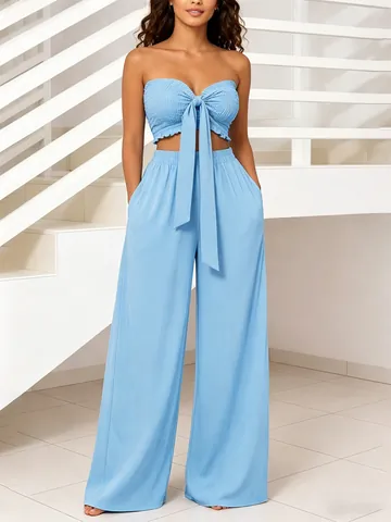 Conjunto de Dos Piezas Para Mujer Con Top Tubo Nido De Abeja Y Pantalones De Pierna Ancha Lazo Frontal Fruncido Vacaciones De Verano