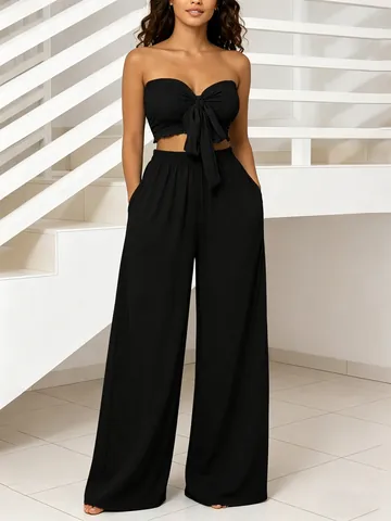 Conjunto de Dos Piezas Para Mujer Con Top Tubo Nido De Abeja Y Pantalones De Pierna Ancha Lazo Frontal Fruncido Vacaciones De Verano
