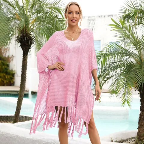 Damen Acryl Strand-Überwurf Hohl Gehäkelt Quasten Übergroße Bademode Resort Badeanzug Bikini Coverups Kaftan Top