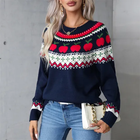Suéter de Punto para Mujer con Estampado de Árbol de Navidad y Manzana Manga Larga Cuello Redondo Ropa Festiva de Invierno
