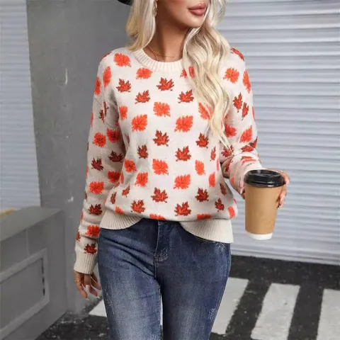 Women Crew Neck Maple Leaf Jacquard Sweater Loose Long Sleeve Knitted Pullover Casual Fall Winter Christmas Knitwear Top