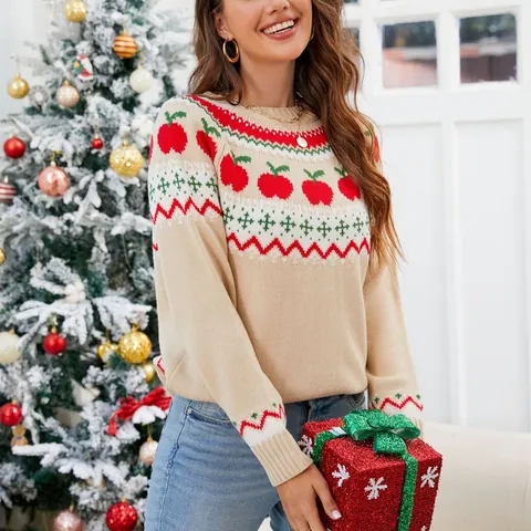 Suéter de Punto para Mujer con Estampado de Árbol de Navidad y Manzana Manga Larga Cuello Redondo Ropa Festiva de Invierno