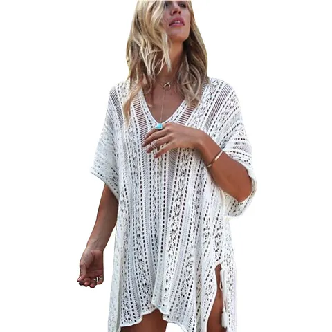 Women's Sexy V Neck Crochet Beach Cover Up Knitted Hollow Out Loose Bikini Coverup Tassel Summer Vacation Bathing Suit Top