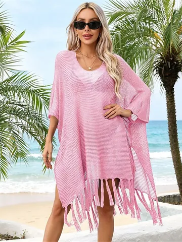 Women Hollow Out Tassel Beach Swimsuit Cover-up Summer Oversized Acrylic Crochet Knit Bathing Suit Wrap Vacation Top