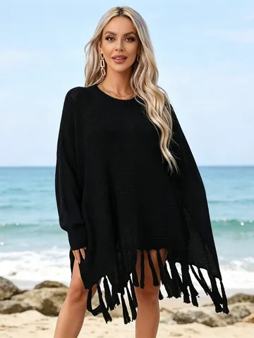 Women Hollow Out Tassel Beach Swimsuit Cover-up Summer Oversized Acrylic Crochet Knit Bathing Suit Wrap Vacation Top