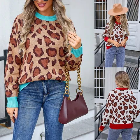 Women Casual Leopard Print Round Neck Long Sleeve Pullover Sweater Loose Fit Patchwork Contrast Color Knitted Top Streetwear