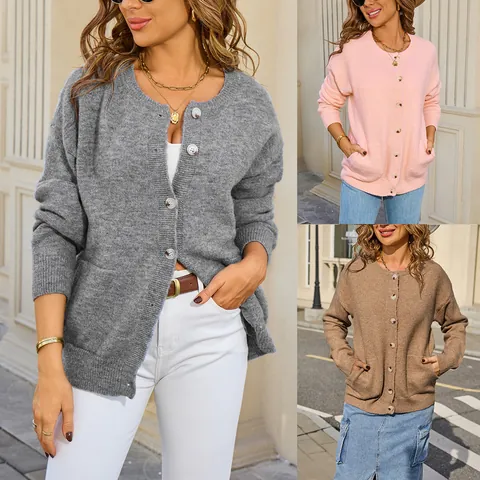 Women Round Neck Polyester Alpaca Wool Blend Knit Cardigan With Pockets Loose Single Breasted Sweater Top Small Jacket