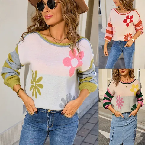 Women Casual Floral Striped Patchwork Sweater Crew Neck Long Sleeve Loose Knit Pullover Streetwear Autumn Winter Top