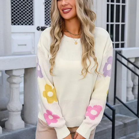 Women Loose Knitted Sweater Floral Long Sleeve Off The Shoulder Pullover Jacquard Knit Top Casual Oversized Jumper Winter