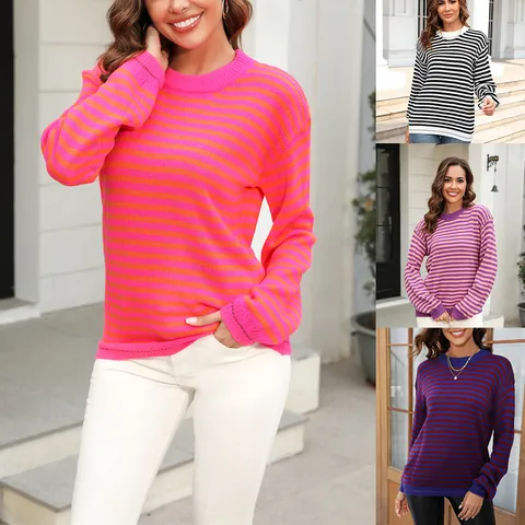Dames Gestreepte Colorblock Gebreide Trui Ronde Hals Lange Mouw Casual Top Pullover Breiwerk Voor Lente Herfst