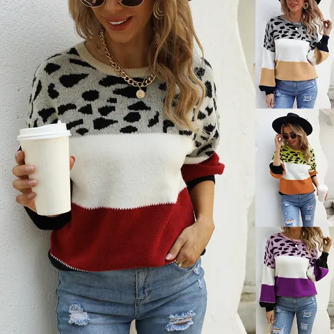 Women Leopard Print Patchwork Mohair Sweater Crew Neck Long Sleeve Loose Fit Knitwear Pullover Casual Streetwear Tops