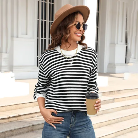Dames Gestreepte Colorblock Gebreide Trui Ronde Hals Lange Mouw Casual Top Pullover Breiwerk Voor Lente Herfst