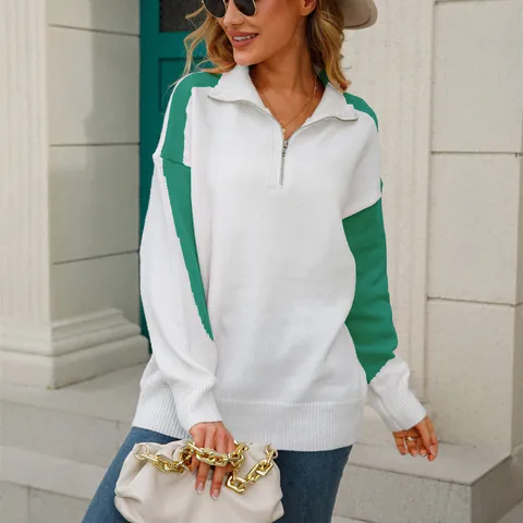 Dames Color Block Halve Rits Revers Pullover Trui Losse Lange Mouw Gebreid Sweatshirt Oversized Casual Patchwork Breigoed Top