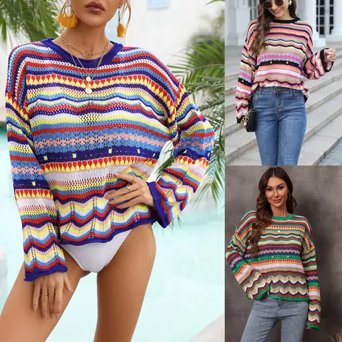 Atmungsaktiver Damen Häkel Badeanzug Überwurf Im Bohème Stil Mit Buntem Zickzack Streifenmuster Und Langen Ärmeln Für Strand
