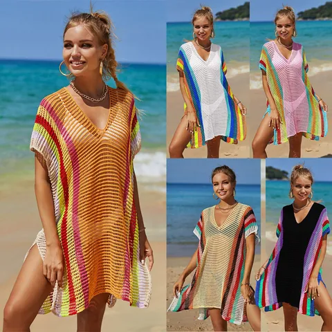 Women Summer Beach Cover Up Rainbow Stripe Hollow Out Knit V Neck Swimwear Bikini Sunscreen Dress Casual Vacation Resort Clothing