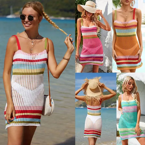 Women Summer Crochet Striped Beach Cover Up Hollow Out Backless Cami Dress Colorful Patchwork Bikini Smock For Vacation