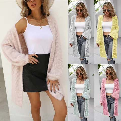 Women Mid-Length Knitted Cardigan Chevron Pattern Acrylic Plush Sweater Open Front Outerwear Streetwear Casual Long Sleeve Top