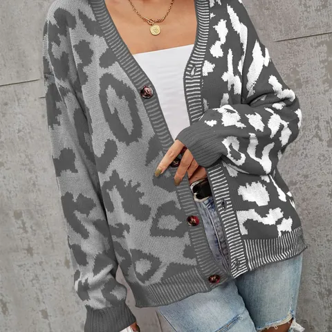 Women Leopard Patchwork V-Neck Knit Cardigan Oversized Lantern Sleeve Button Down Sweater Loose Casual Winter Warm Top