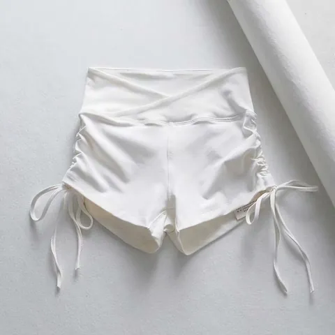 Pantalones Cortos de Yoga para Mujer Cintura Alta Cruzada Levanta Cola Cordón Plisado Fitness Gimnasio Deporte Shorts de Elastano