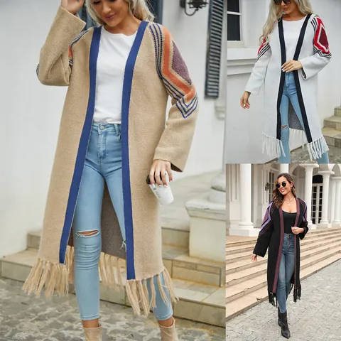 Women Long Tassel Knitted Cardigan Sweater Bohemian Geometric Pattern Open Front Fringe Patchwork Knitwear Outerwear Top