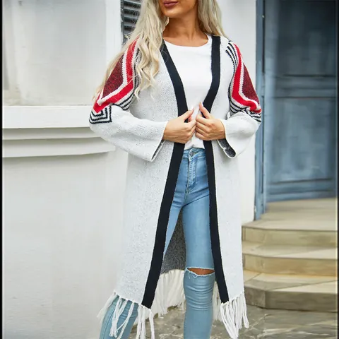 Women Long Tassel Knitted Cardigan Sweater Bohemian Geometric Pattern Open Front Fringe Patchwork Knitwear Outerwear Top