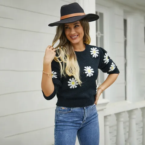 Women's Daisy Floral Knitted Sweater Polyester Cropped Top Crewneck Long Sleeve Jacquard Streetwear Pullover Casual Outwear