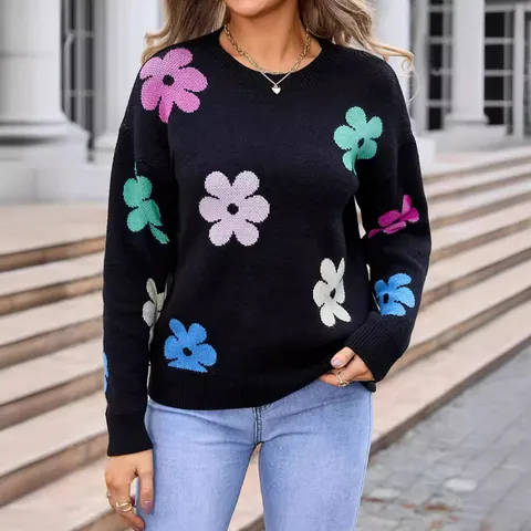 Women's Floral Jacquard Knit Sweater Color Block Crew Neck Long Sleeve Loose Pullover Jumper Casual European Style Top