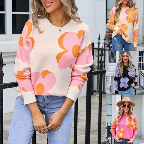 Women Round Neck Floral Jacquard Sweater Loose Fit Long Sleeve Knit Pullover Retro Flower Pattern Casual Streetwear Top